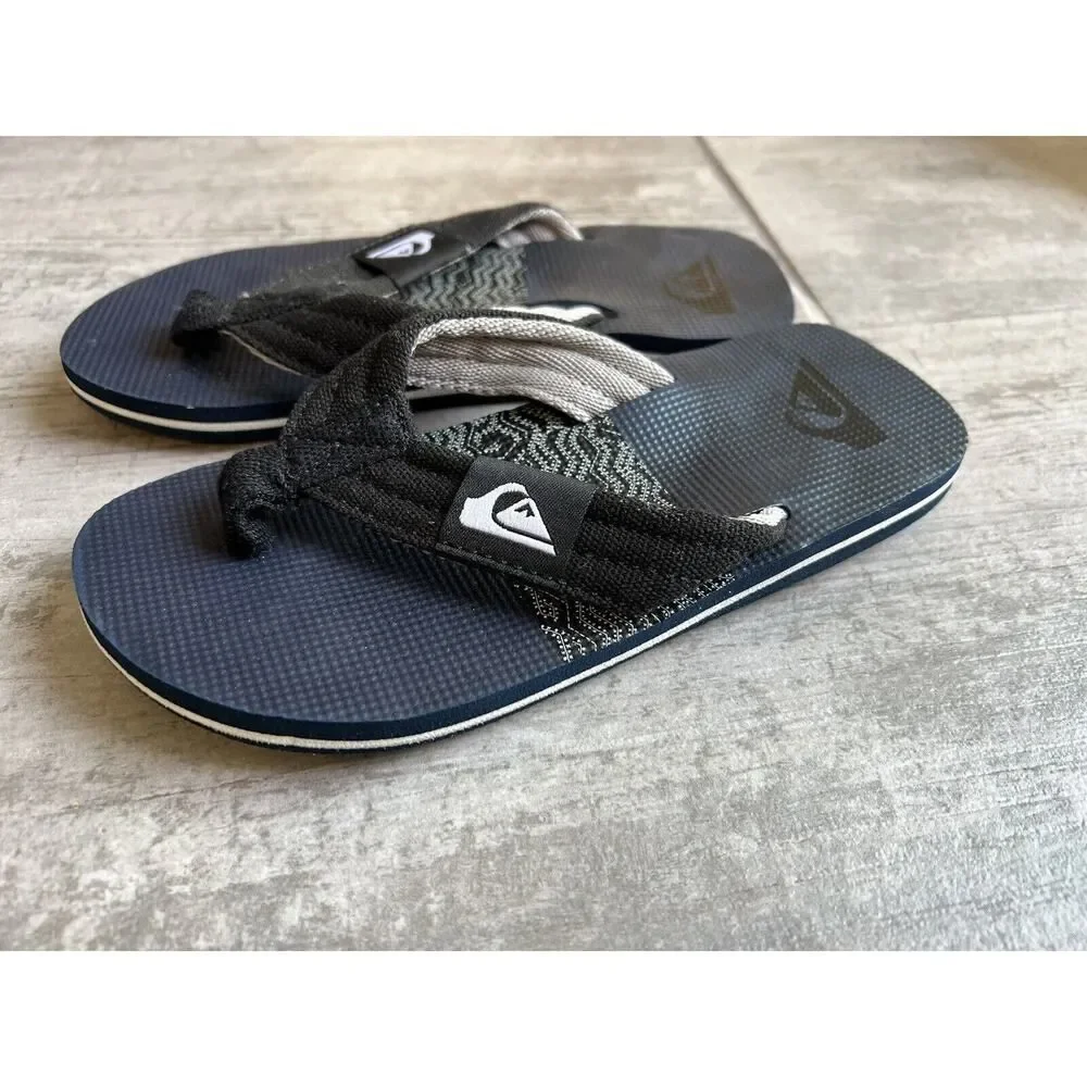 Quiksilver Flip Flops Black Navy Little Kids Boys Youth Sandals Beach Canvas 12